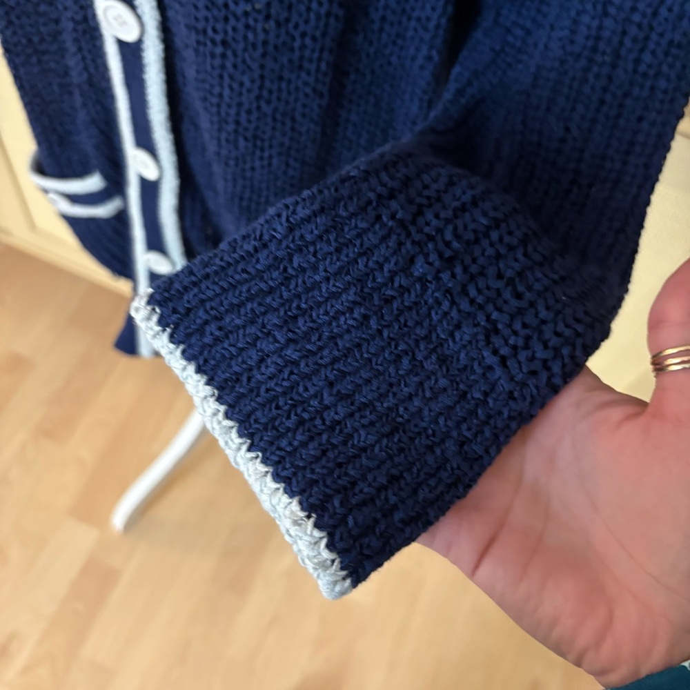 J CREW Textured Sailor Cardigan Sweater Blue White Size Medium Preppy‎ Nautical - Picture 7 of 12